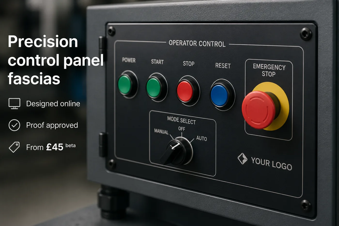 Illustrative control-panel fascia installed on an enclosure